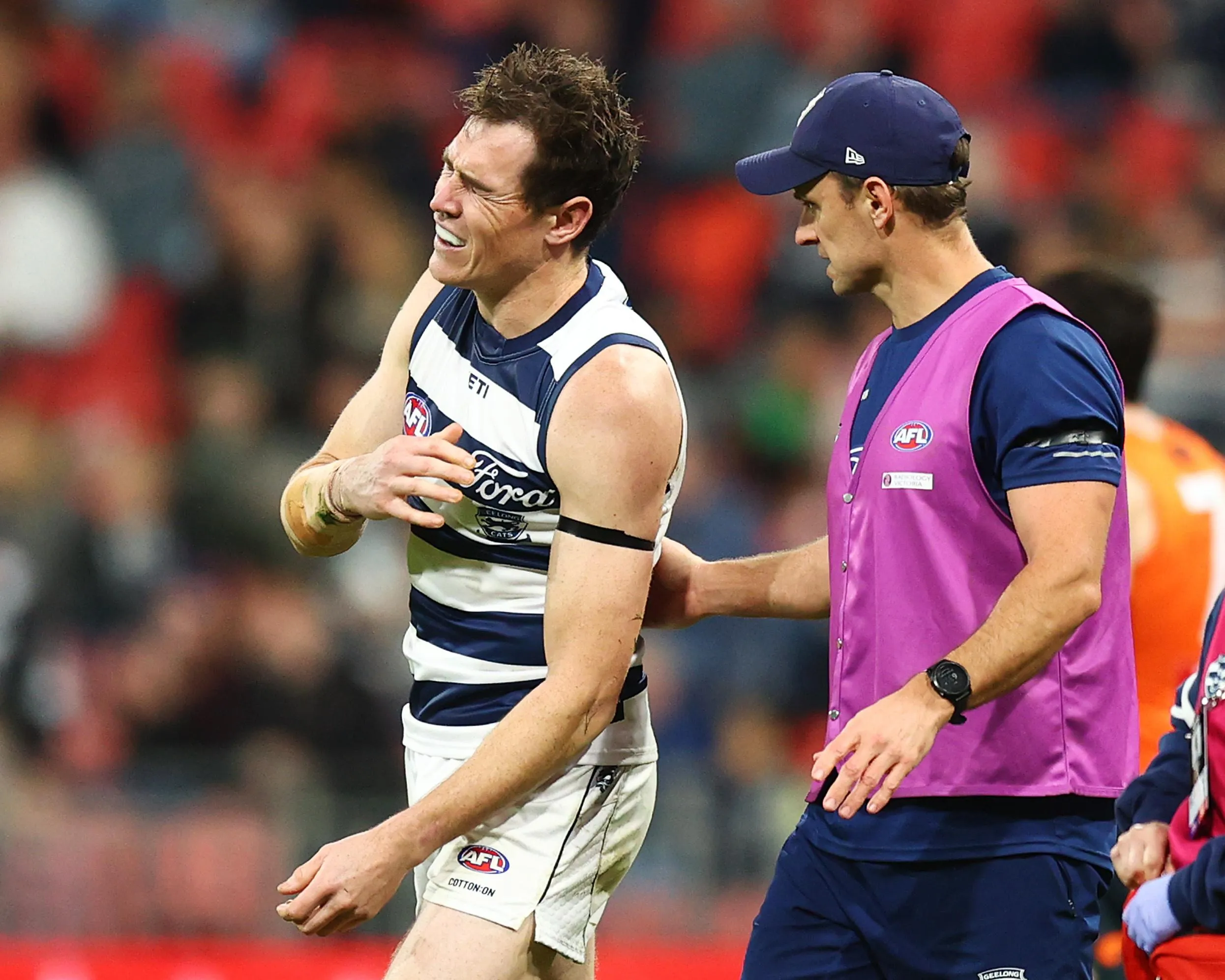 Geelong forward Jeremy Cameron left Engie Stadium in a wheelchair after injury a shoulder against GWS Giants