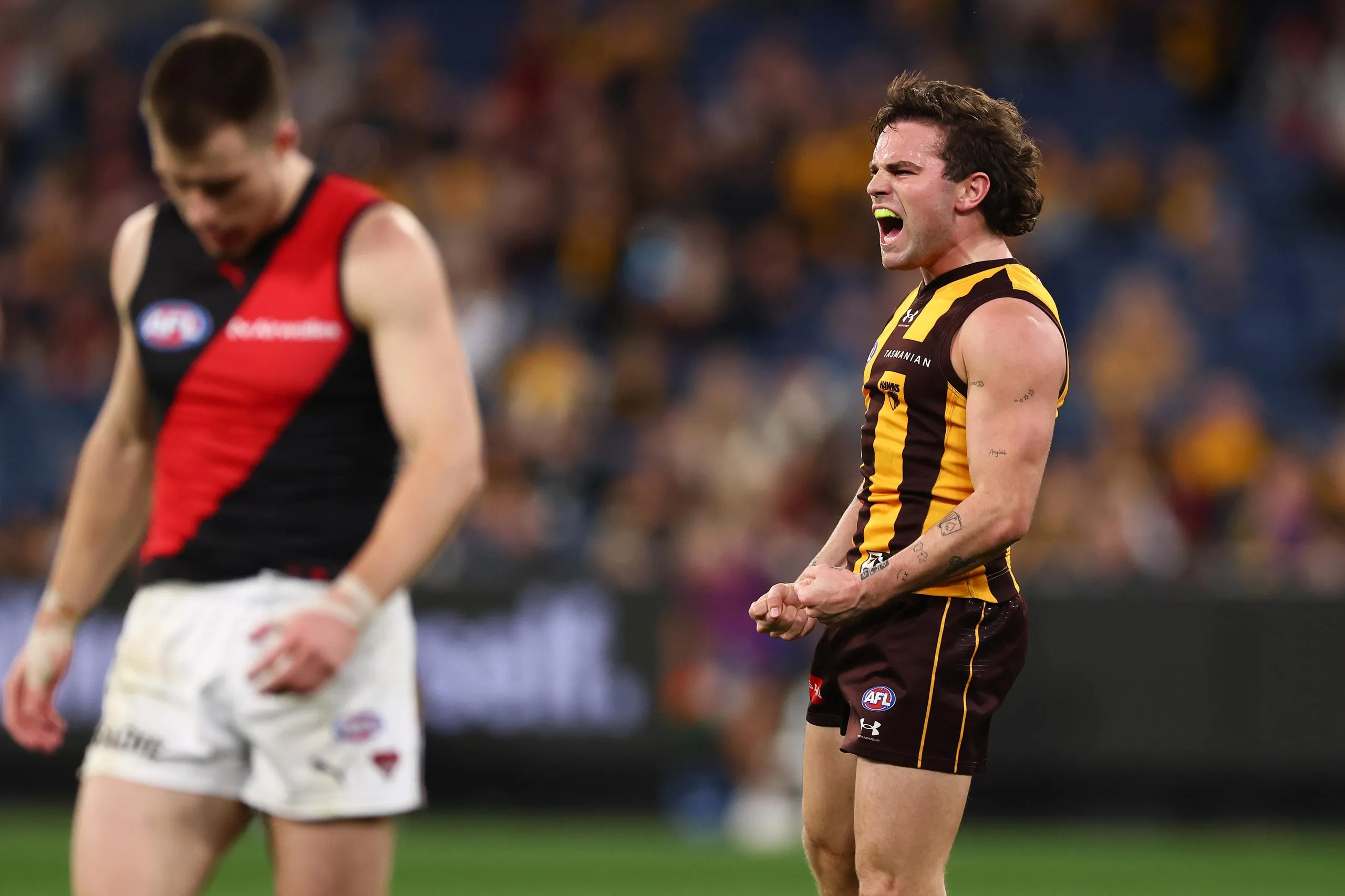 Nick ‘the Wizard’ Watson celebrates a goal against the Bombers on Saturday