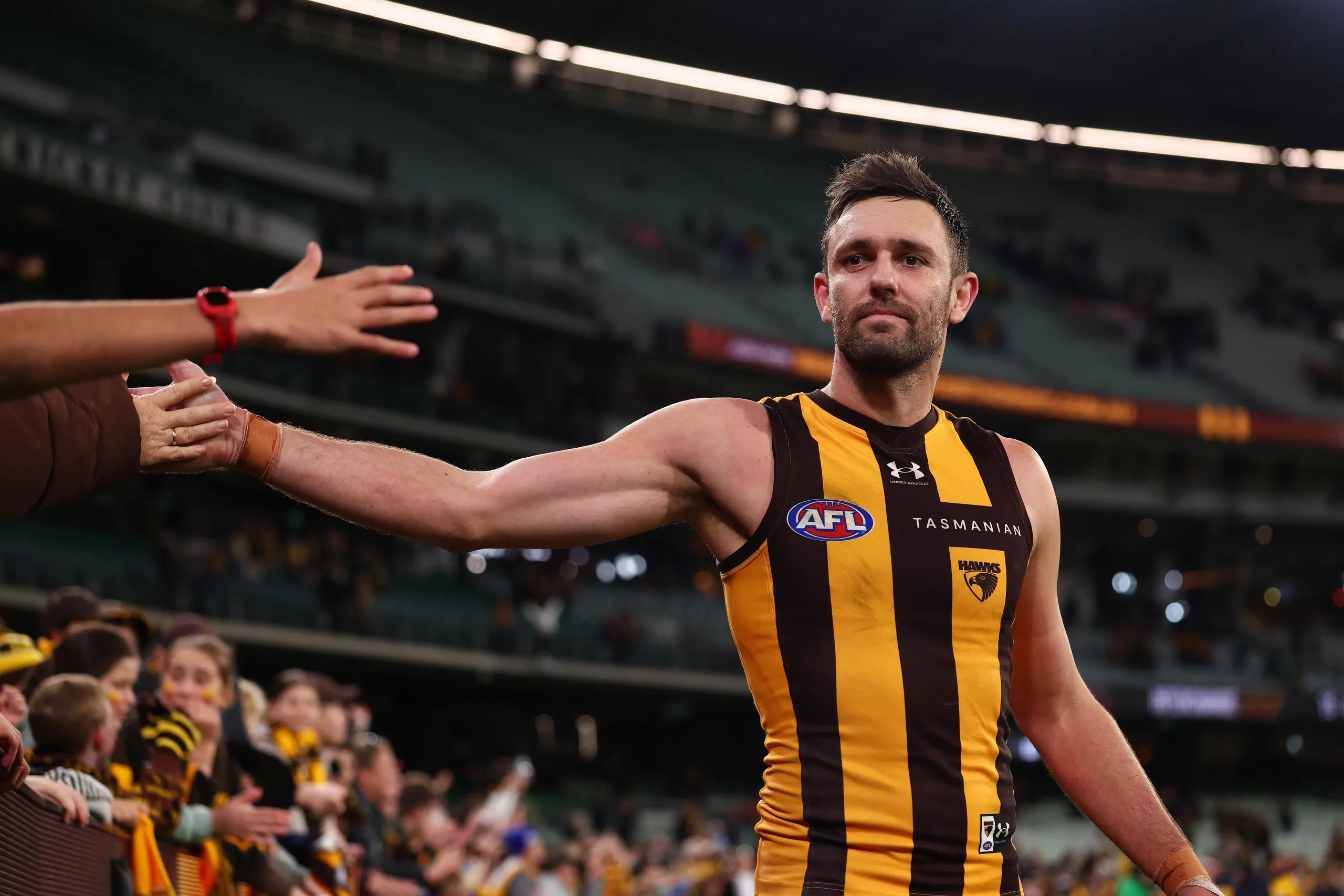 Jack Gunston celebrates with fans after the Hawks dominated Essendon