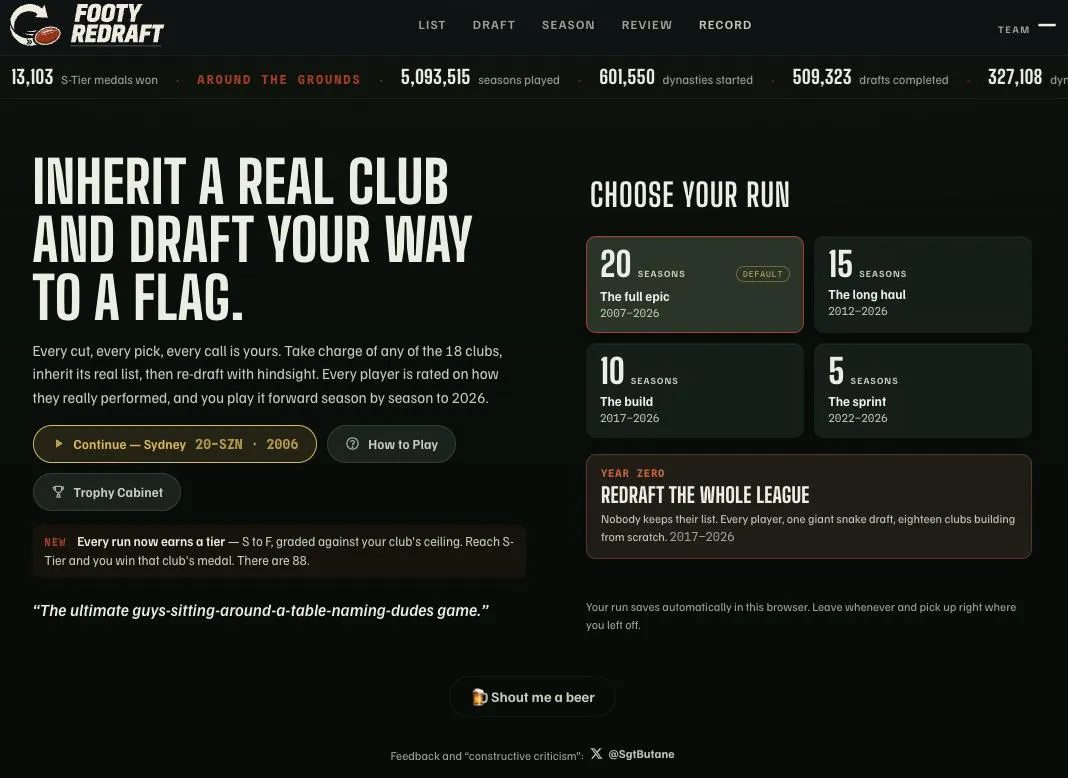 A screenshot of online AFL game Footy Redraft's front page