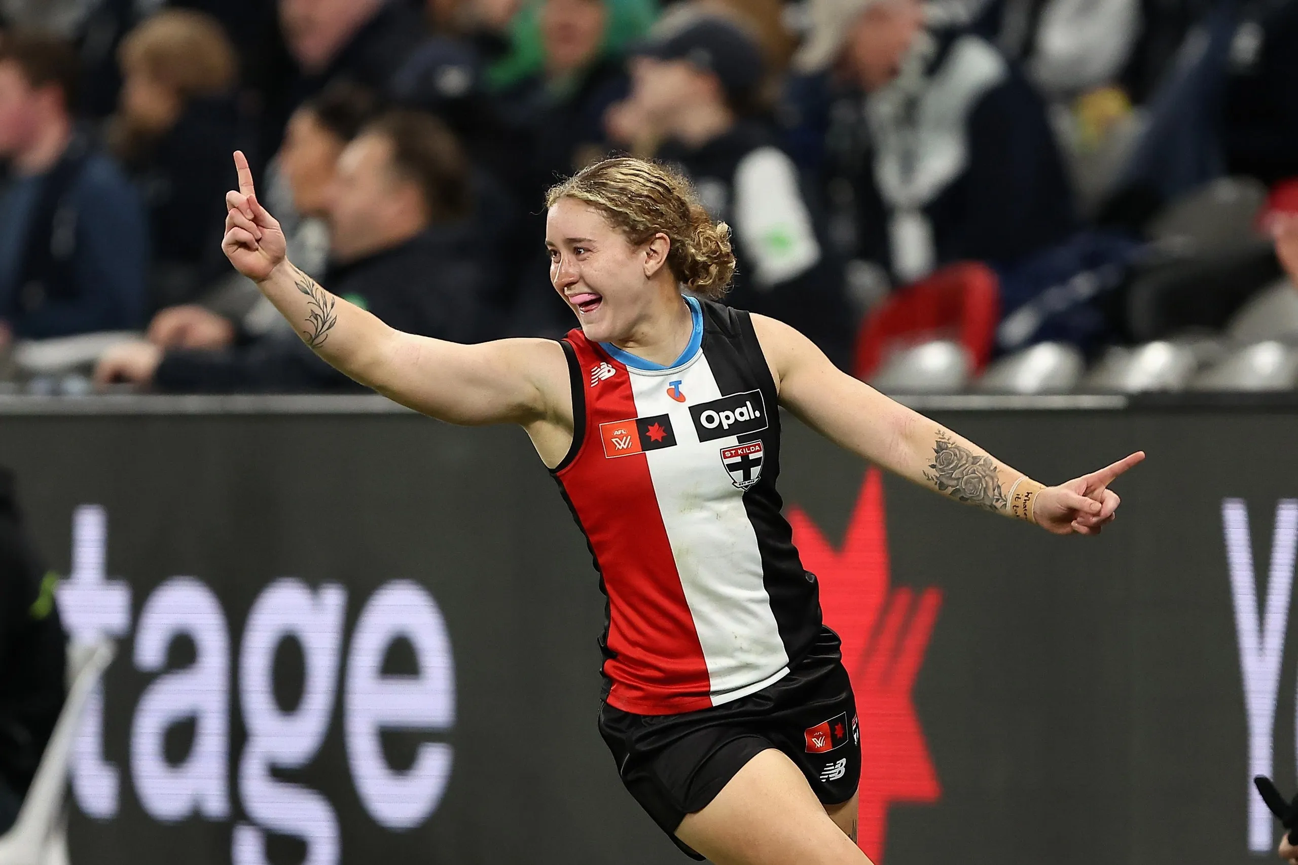 St Kilda’s Amber Clarke celebrates a brilliant goal