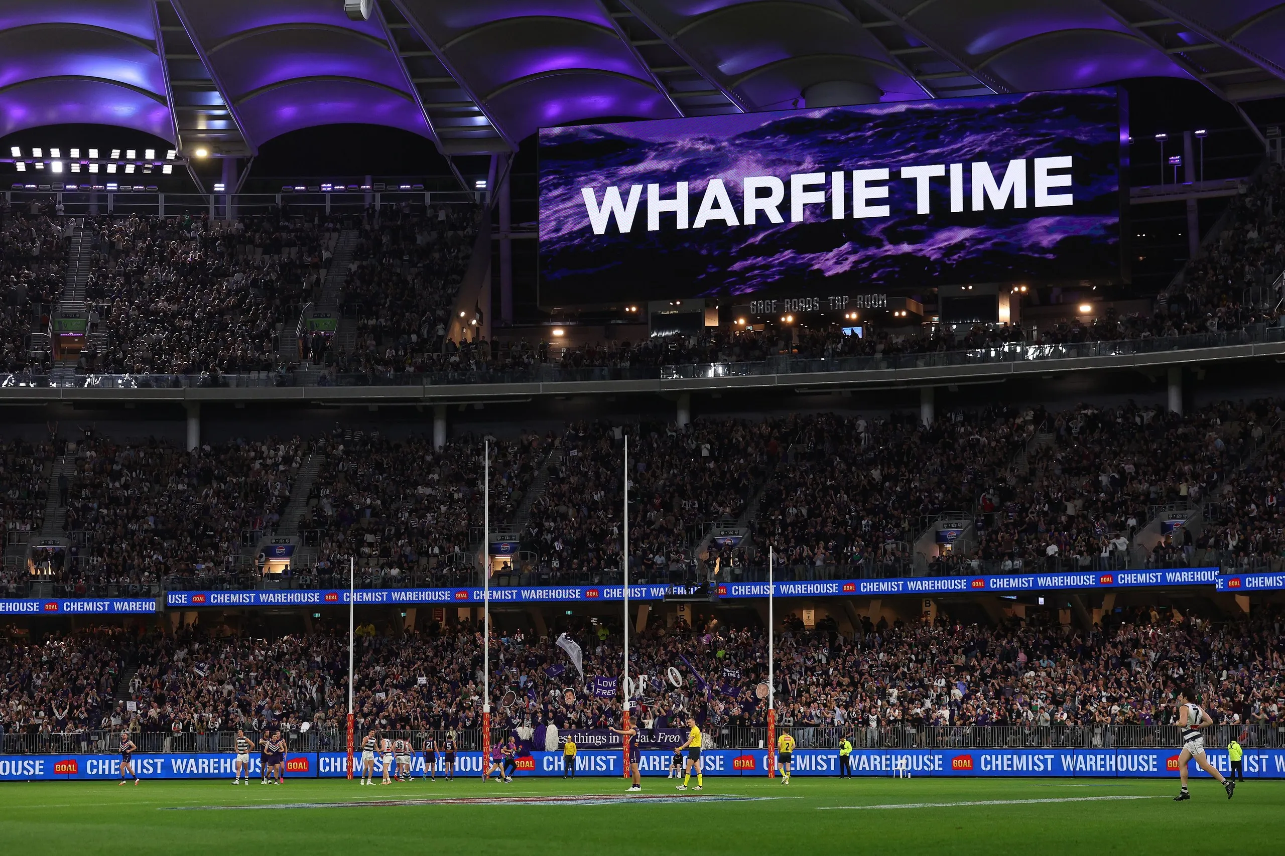 Wharfie Time is activated late in the last quarter during the AFL semi-final between Fremantle and Geelong at Optus Stadium